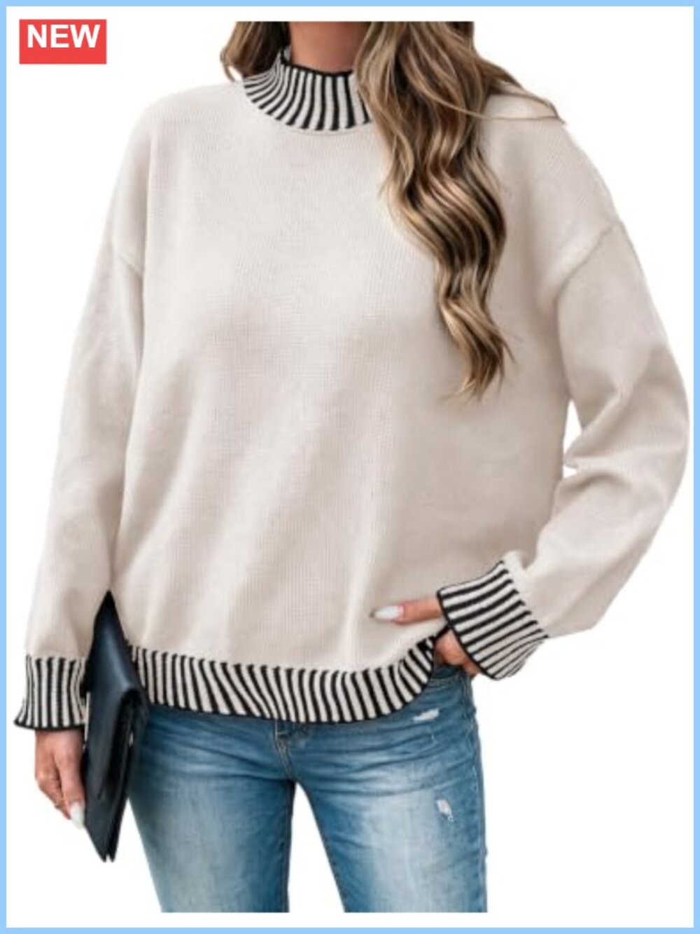 Oversized Striped Turtleneck Sweater - 100% Polyester Knit
